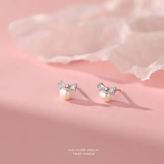 Pearl Bow Sweet Stud Earrings