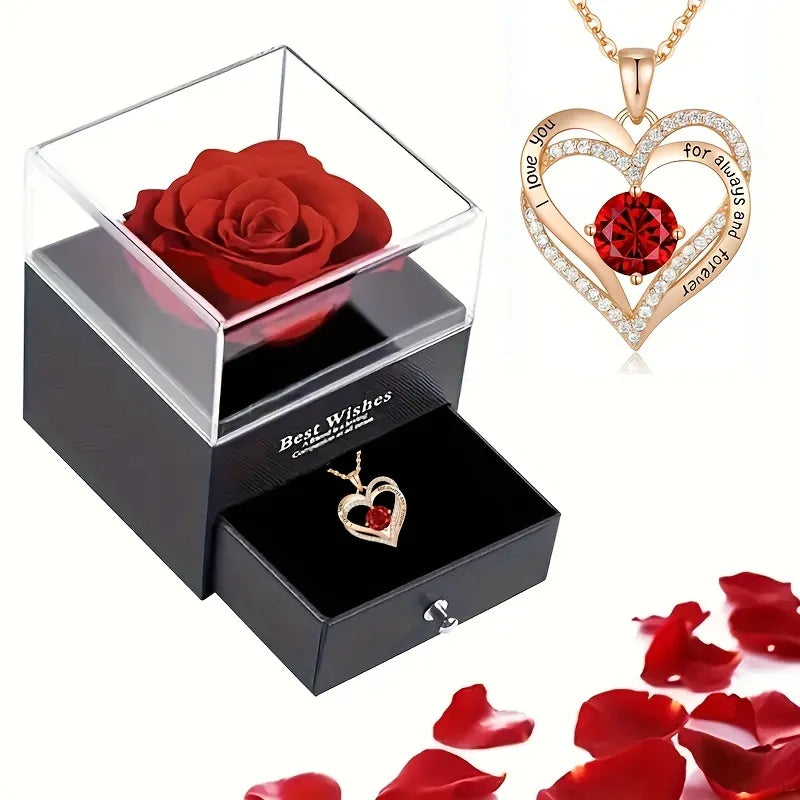 Luxury Red Zircon Pendant Necklaces With Rose Flower Gift Box For Girlfriend Women I Love You Gifts 2023 Trendy Wedding Jewelry